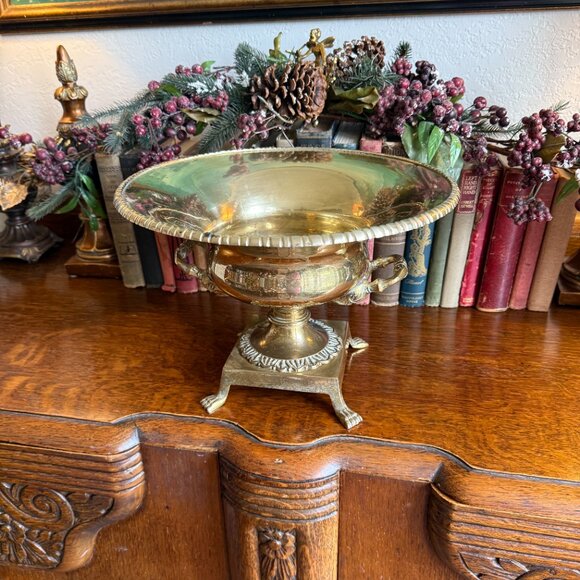 Vintage Ornate Brass Pedestal Bowl with Claw Feet and Faces - Picture 11 of 17